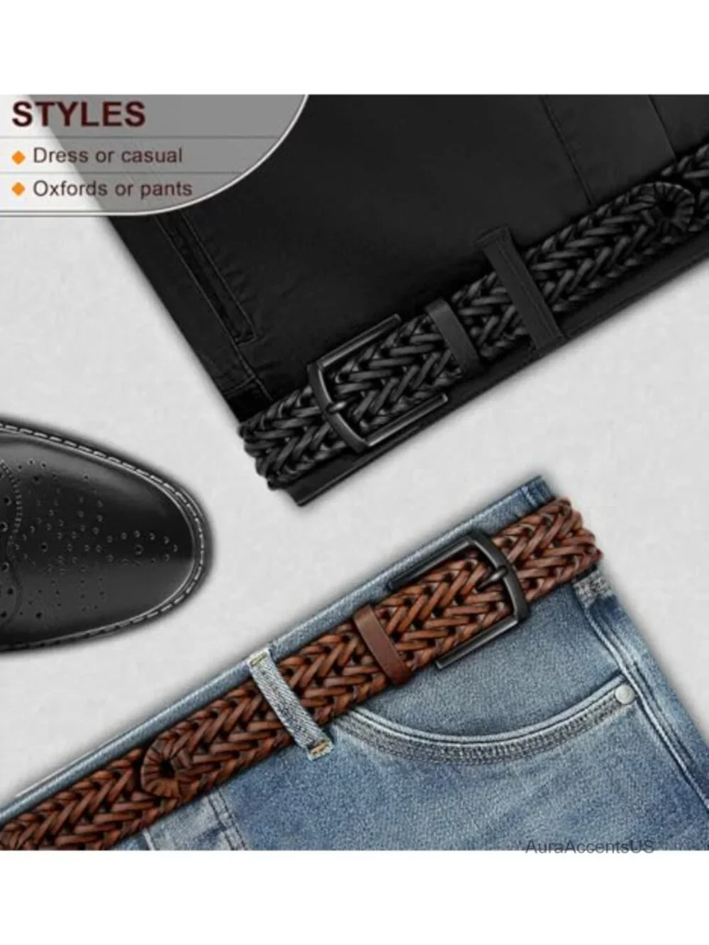 Men's Braided Woven Faux Leather Belt 2-Pack Holeless Adjustable
